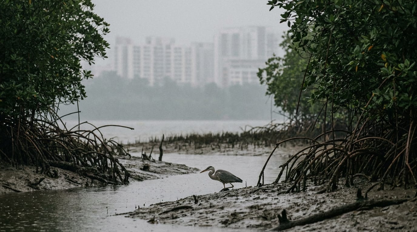 Grey heron wading in a mangrove wetland at the urban edge of Singapore, apartment blocks in the haze behind